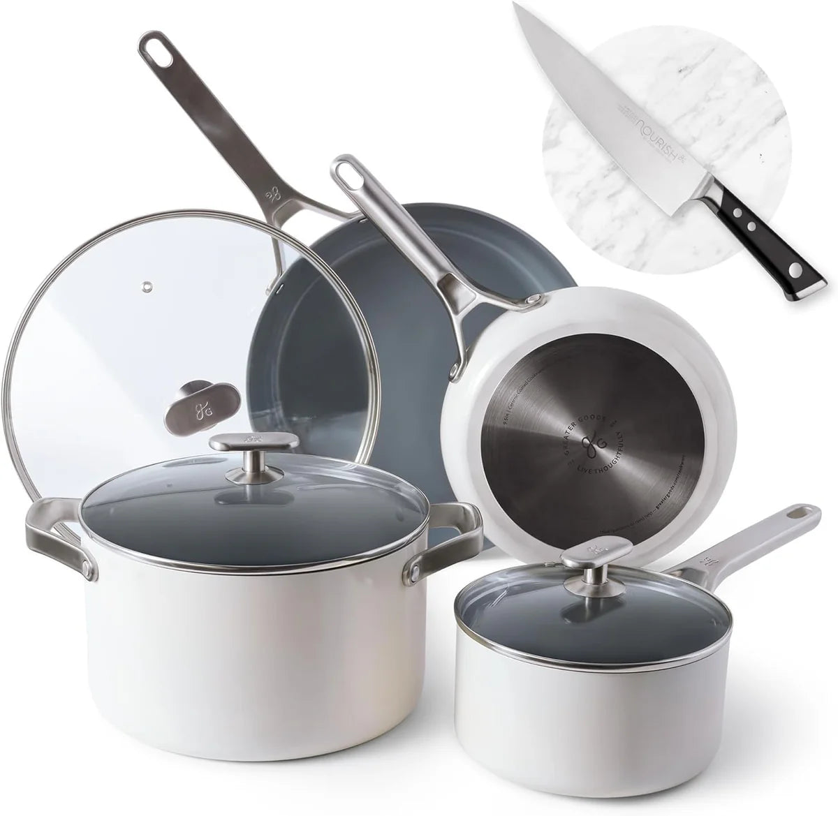 Nonstick Cookware Set (10pc) and Chef Knife (Stainless Steel), Midnight Gray