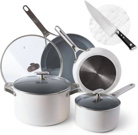 Nonstick Cookware Set (10pc) and Chef Knife (Stainless Steel), Midnight Gray